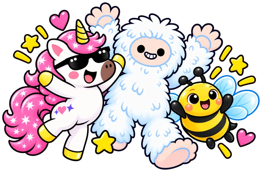 Unicorn, Yeti and Bee celebrating